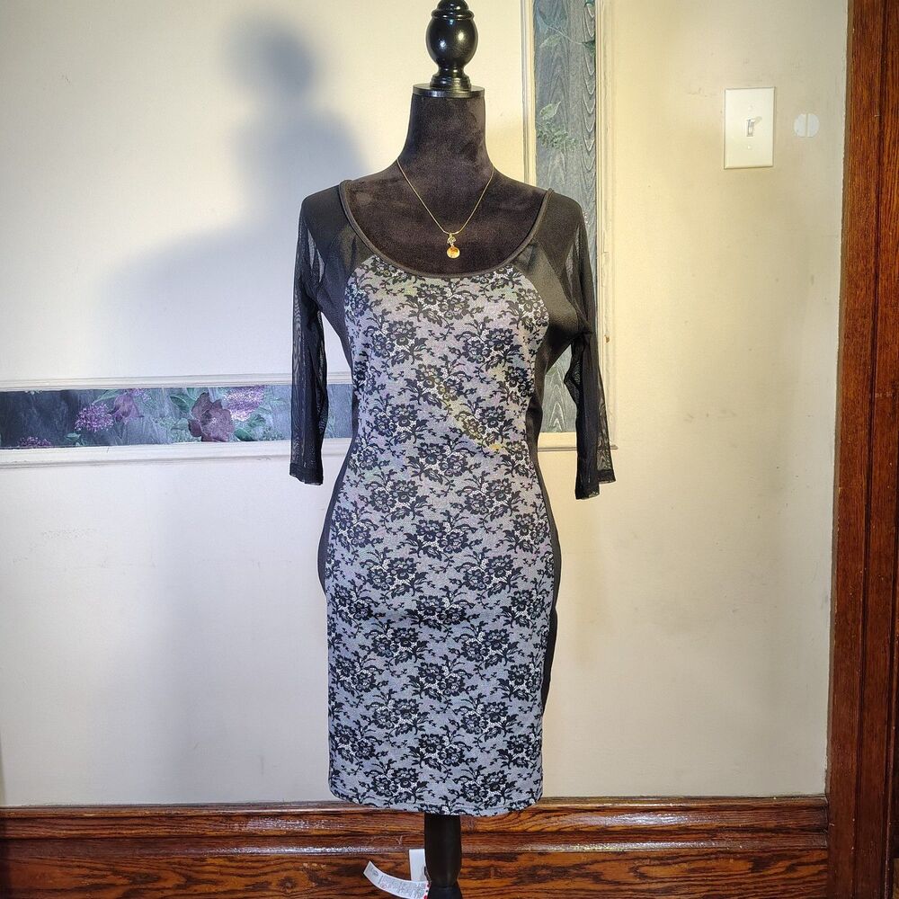 Y2k Inspired Club Wear Body Con Mesh Lace Print Dress Size Large/T326